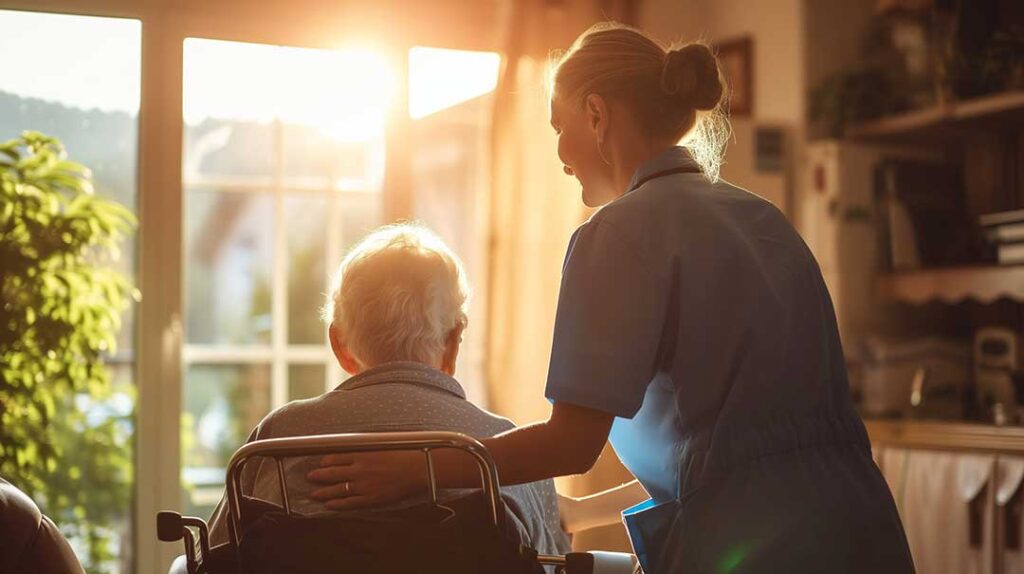 Older adults chatting and laughing together at a table in a sunny common room with books and puzzles.