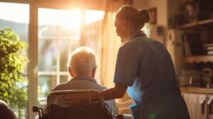 Older adults chatting and laughing together at a table in a sunny common room with books and puzzles.